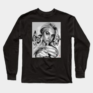 Yeb1 Art Butterflies Needle Chicano Art California Style Long Sleeve T-Shirt